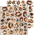 A sheet of vintage-style decorative stickers featuring multiple illustrated women's portraits in warm sepia tones, with scattered star motifs on a light beige background.