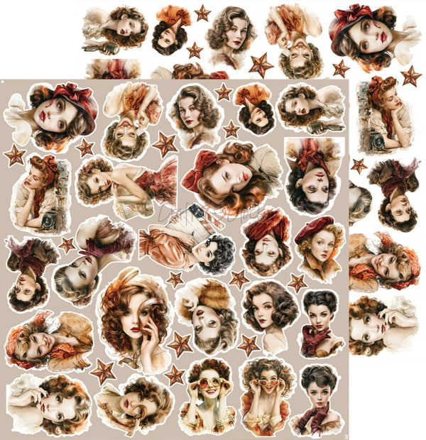 A sheet of vintage-style decorative stickers featuring multiple illustrated women's portraits in warm sepia tones, with scattered star motifs on a light beige background.