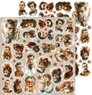 A sheet of vintage-style illustrated stickers featuring multiple portrait illustrations of a young man in different poses, along with scattered red star motifs on a beige background.