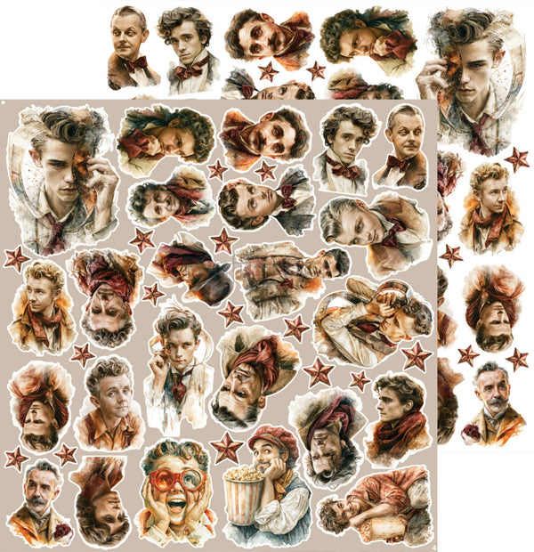 A sheet of vintage-style illustrated stickers featuring multiple portrait illustrations of a young man in different poses, along with scattered red star motifs on a beige background.