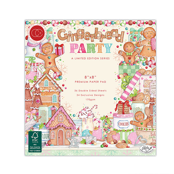A square paper pad cover for a gingerbread-themed limited edition series, featuring illustrated gingerbread houses, cookies, candy, and the text 'Gingerbread Party' and 'A Limited Edition Series.'.