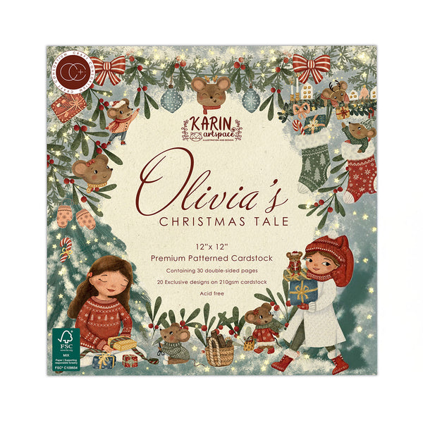 Karin Artisan 'Olivia's Christmas Tale' 12x12 inch premium patterned cardstock packaging, featuring a festive illustrated border with mice, children, gifts, and holiday decorations on an off-white background.
