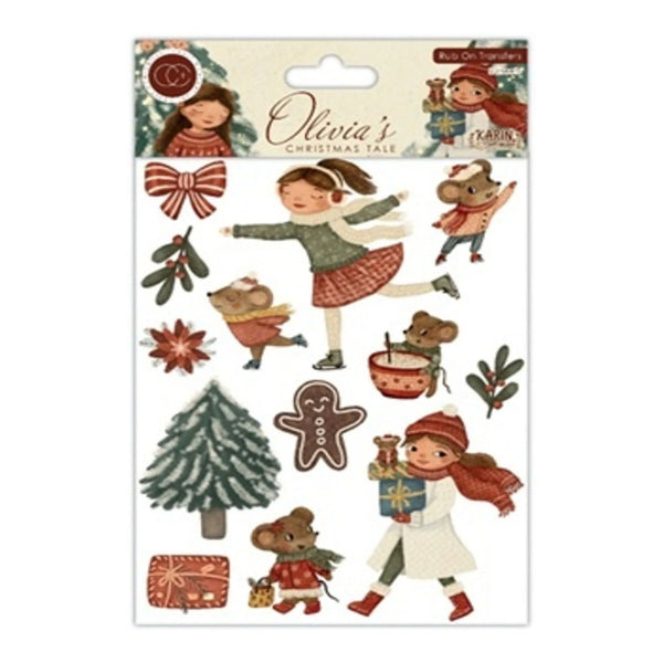 A sheet of decorative Christmas-themed stickers or decals from Olivia's Christmas Tale, featuring illustrated children, a tree, gifts, a gingerbread man, and holiday motifs on a white backing card.