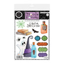 Hocus Pocus Limited Edition Series 13 clear stamp sheet by Bella+Canvas, featuring Halloween-themed illustrations including a ghost, witch hat, potion bottles, spiders, bats, books, and decorative text labels on a white backing card.