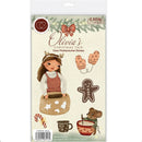 Karin Luffa 'Olivia's Christmas Tale' clear photopolymer stamps in retail packaging, featuring illustrated characters and holiday motifs like a gingerbread man, mug, candy cane, and mittens.