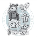 A sheet of black and white line art illustrations featuring a girl in a striped sweater holding a snowball, a pair of patterned mittens, a gingerbread man, a candy cane, a mug, and a mouse at a pot, all arranged on a white background with a faint circular watermark.