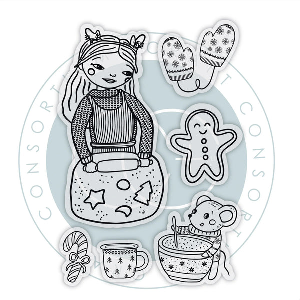 A sheet of black and white line art illustrations featuring a girl in a striped sweater holding a snowball, a pair of patterned mittens, a gingerbread man, a candy cane, a mug, and a mouse at a pot, all arranged on a white background with a faint circular watermark.
