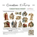 A flat lay of a craft paper extras set titled 'Christmas Night' by Craft O'Clock, showing multiple illustrated religious scenes on a white background with product details printed along the bottom.