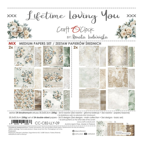 Craft paper set packaging with floral designs and product details.