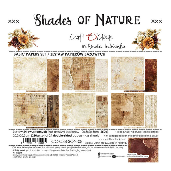 Craft O'Clock 'Shades of Nature' basic papers set by Renata Ludwicka, featuring 24 double-sided papers in a vintage weathered palette of beige, brown, and cream, displayed on a white product card with illustrations and text.