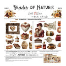 A product packaging sheet for 'Shades of Nature' craft stickers by Renata Ludwińska, featuring a mix of 'Precious' and 'Prestige' double-sided decorative stickers. The sheet displays various vintage illustrations including hearts, cupcakes, perfume bottles, and a woman in a vintage dress, along with product details and a barcode.