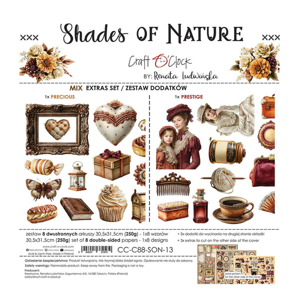 A product packaging sheet for 'Shades of Nature' craft stickers by Renata Ludwińska, featuring a mix of 'Precious' and 'Prestige' double-sided decorative stickers. The sheet displays various vintage illustrations including hearts, cupcakes, perfume bottles, and a woman in a vintage dress, along with product details and a barcode.