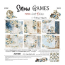 Snow Games Friends in Craft & Clock 12-piece double-sided paper set by Petera Goryowska, featuring a collage of winter-themed papers with blue, beige, and white designs.