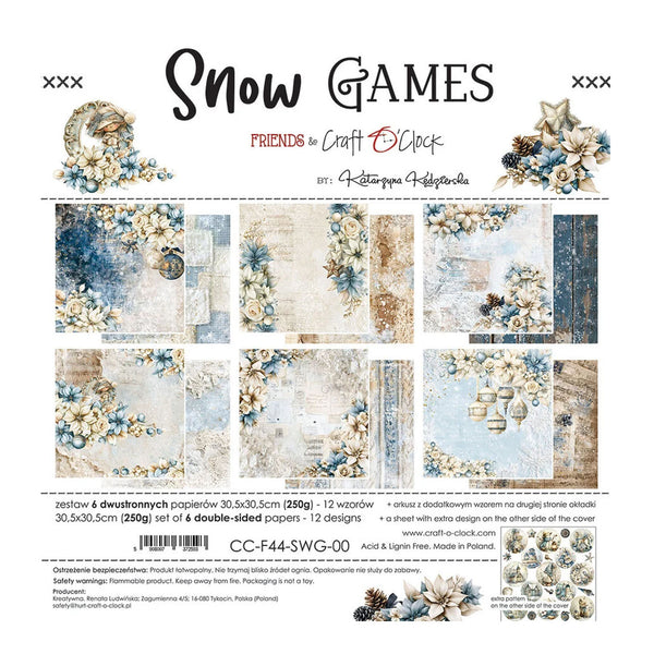 Snow Games Friends in Craft & Clock 12-piece double-sided paper set by Petera Goryowska, featuring a collage of winter-themed papers with blue, beige, and white designs.