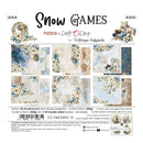 Snow Games Friends of Craft O'Clock paper pack by Kateryna Kopylova, featuring 24 double-sided patterned papers with winter motifs like snowflakes, ornaments, and snow globes in a white, blue, and gold color palette.