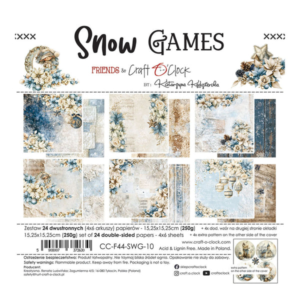 Snow Games Friends of Craft O'Clock paper pack by Kateryna Kopylova, featuring 24 double-sided patterned papers with winter motifs like snowflakes, ornaments, and snow globes in a white, blue, and gold color palette.