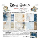 Packaging card for the 'Snow Games' Basic Papers Set by Friends to Craft with Clock, featuring twelve textured paper designs in winter-themed shades of blue, white, beige, and gray.