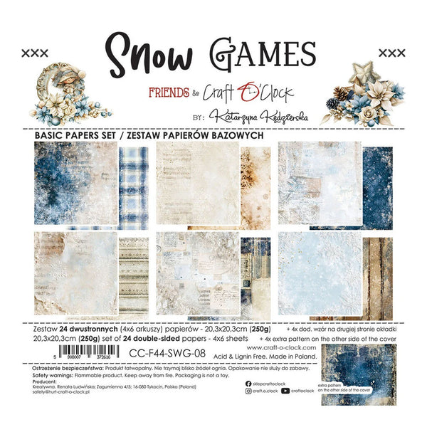 Packaging card for the 'Snow Games' Basic Papers Set by Friends to Craft with Clock, featuring twelve textured paper designs in winter-themed shades of blue, white, beige, and gray.