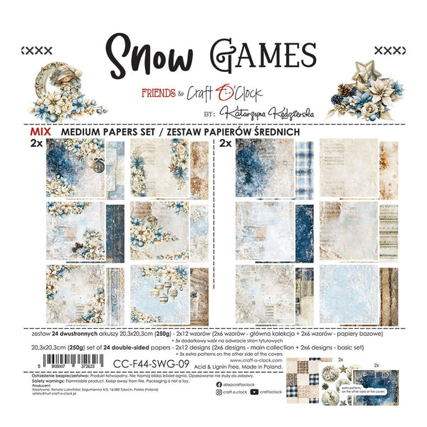 A product packaging card for a 'Snow Games' paper set by 'Friends to Craft by Clock', showing 2x12 double-sided papers with various winter-themed designs like snowflakes, snow globes, plaid, and rustic textures.
