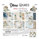 A product packaging card for a paper craft set titled 'Snow Games Friends to Craft with Clock' by Kateryna Kucherenko. The card displays the front cover with decorative winter-themed illustrations (snowflakes, pinecones, stars) and a grid showing the 24 double-sided paper patterns, which feature various winter motifs like snowflakes, pinecones, and floral designs in blue, white, and gold tones.