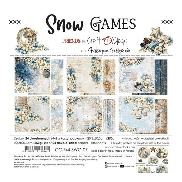 A product packaging card for a paper craft set titled 'Snow Games Friends to Craft with Clock' by Kateryna Kucherenko. The card displays the front cover with decorative winter-themed illustrations (snowflakes, pinecones, stars) and a grid showing the 24 double-sided paper patterns, which feature various winter motifs like snowflakes, pinecones, and floral designs in blue, white, and gold tones.