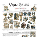 Snow Games Friends in Craft & Clock extra set of double-sided scrapbook paper featuring vintage holiday illustrations like snow globes, bows, lanterns, and ornaments on a white background.