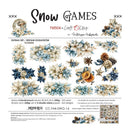 Snow Games Friends in Craft & Clock double-sided scrapbooking paper set, featuring watercolor floral and winter-themed designs on a white background with product details and barcode.