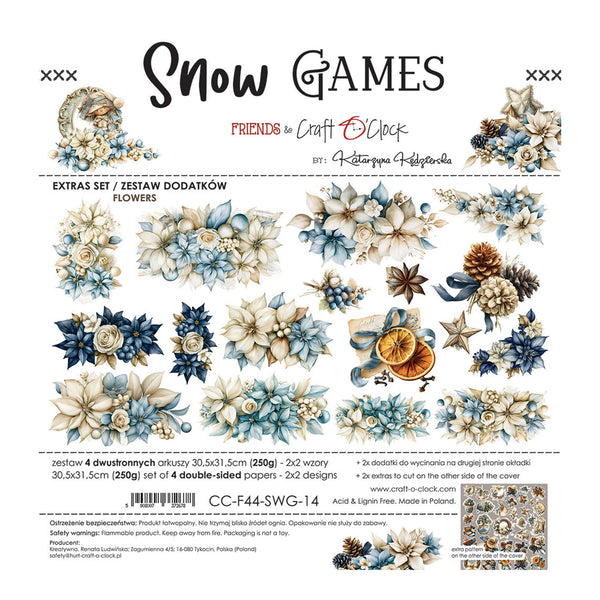 Snow Games Friends in Craft & Clock double-sided scrapbooking paper set, featuring watercolor floral and winter-themed designs on a white background with product details and barcode.
