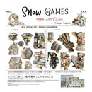 A flat lay of a craft paper set titled 'Snow Games' by Friends to Craft with Clock, featuring winter-themed double-sided paper designs such as snow-covered houses, lanterns, hats, and a rabbit wearing a hat, with Polish and English text and a small sample collage at the bottom right.