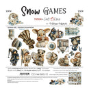Product packaging for the 'Snow Games Friends to Craft with Clock' extra set by Craft with Clock, featuring winter-themed double-sided papers and 24 designs of illustrated characters and scenes.