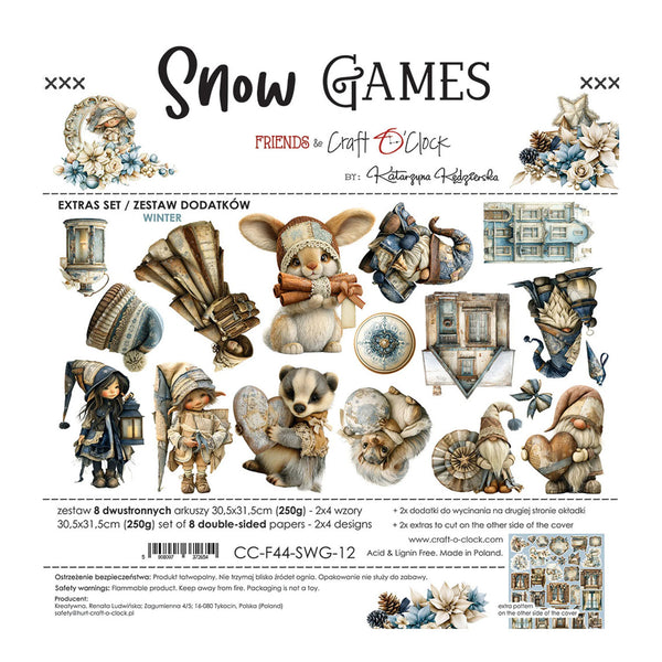 Product packaging for the 'Snow Games Friends to Craft with Clock' extra set by Craft with Clock, featuring winter-themed double-sided papers and 24 designs of illustrated characters and scenes.