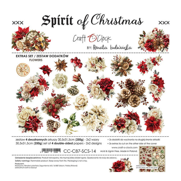 Craft o'clock 'Spirit of Christmas' paper extras set by Renata Jędrwinka, featuring a sheet of double-sided decorative paper with vintage-style Christmas floral designs, red berries, pinecones, and cream-colored flowers.