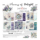 Packaging for a 12-piece double-sided scrapbook paper set titled 'Flowers of Delight' by Craft by Clock and Renata Judwinska. The packaging features a light blue and white background with floral illustrations and previews of the pattern designs.