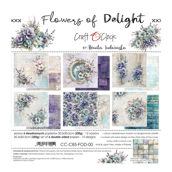 Packaging for a 12-piece double-sided scrapbook paper set titled 'Flowers of Delight' by Craft by Clock and Renata Judwinska. The packaging features a light blue and white background with floral illustrations and previews of the pattern designs.