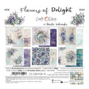 Product packaging for 'Flowers of Delight' craft paper set by Renata Ludwinska, featuring a collection of 24 double-sided papers with floral designs in pastel purple, blue, and green tones.