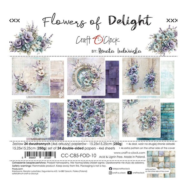 Product packaging for 'Flowers of Delight' craft paper set by Renata Ludwinska, featuring a collection of 24 double-sided papers with floral designs in pastel purple, blue, and green tones.