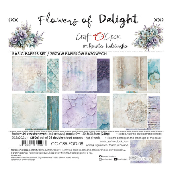 Product packaging and contents for Craft O'Clock 'Flowers of Delight' basic paper set by Renata Ludwicka, showing 24 double-sided papers with watercolor floral and textured designs in pastel purple, blue, and cream tones.