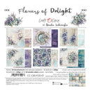 Product packaging for 'Flowers of Delight' craft papers by Craft with Clock, featuring a collage of floral paper designs in purple, blue, and green tones on a white background.