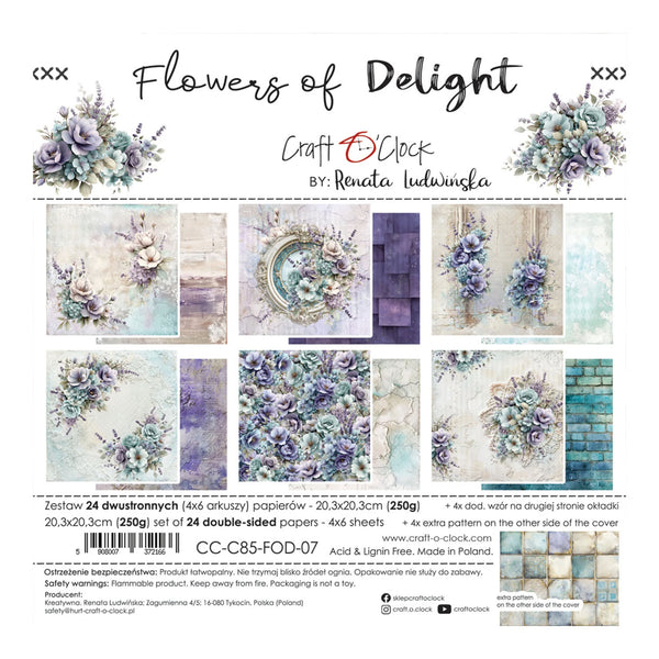 Product packaging for 'Flowers of Delight' craft papers by Craft with Clock, featuring a collage of floral paper designs in purple, blue, and green tones on a white background.