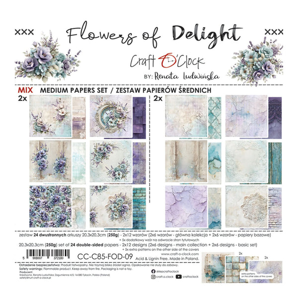 Craft O'Clock 'Flowers of Delight' paper pack by Renata Judulinowska, featuring a 2x2 set of double-sided medium papers with watercolor floral designs in soft purple, blue, and green tones.