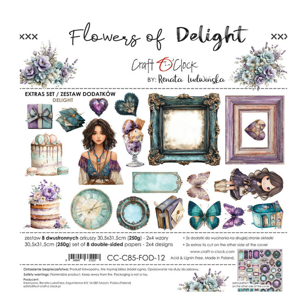 A flat product sheet for the 'Flowers of Delight' extra set by Craft O'Clock, featuring watercolor designs, frames, cakes, and a doll illustration on a white background with product details and text.