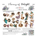 Packaging card for Craft by Clock 'Flowers of Delight' extra set by Renata JŁĀwińska, featuring watercolor fairy and animal illustrations with floral accents on a white background with product details and barcode at the bottom.