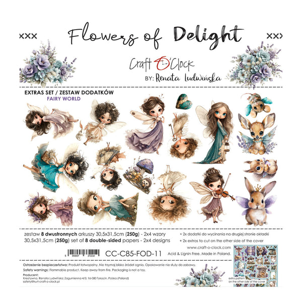 Packaging card for Craft by Clock 'Flowers of Delight' extra set by Renata JŁĀwińska, featuring watercolor fairy and animal illustrations with floral accents on a white background with product details and barcode at the bottom.