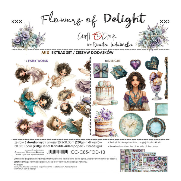 Craft by Renata Ludwinka 'Flowers of Delight' extra stickers set, featuring watercolor illustrations of fairies, cakes, flowers, and vintage scenes on a white background with product details and barcode.