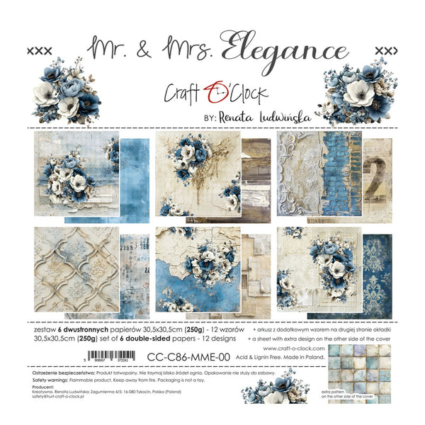 A flat lay of a scrapbook paper pack titled 'Mr. & Mrs.