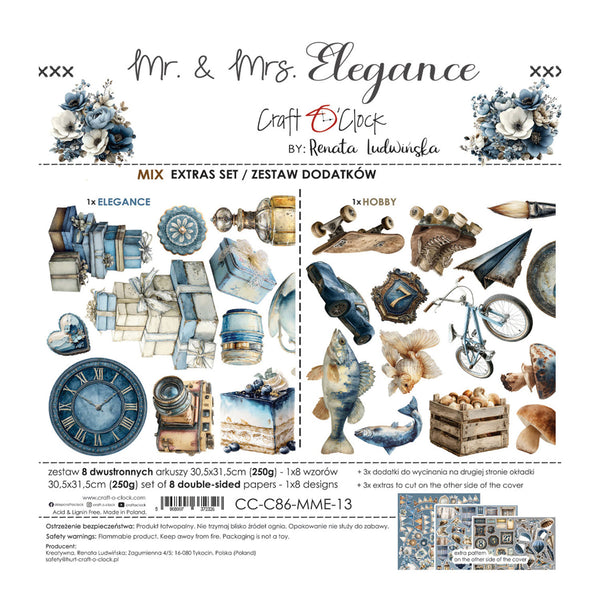 A product sheet for a craft embellishment set titled 'Mr. & Mrs.