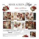 A product sheet for 'Silver Screen Magic' double-sided paper by 'Kreatygen Papierstwa', featuring floral vintage designs. The sheet displays twelve different patterned paper designs arranged in a grid, with red roses, gold accents, and distressed textures on a beige background.