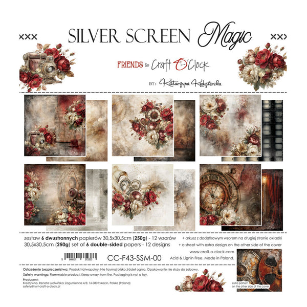 A product sheet for 'Silver Screen Magic' double-sided paper by 'Kreatygen Papierstwa', featuring floral vintage designs. The sheet displays twelve different patterned paper designs arranged in a grid, with red roses, gold accents, and distressed textures on a beige background.