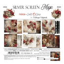 Product packaging and contents preview for 'Silver Screen Magic' paper craft sheets by Friends for Craft O'Clock. The packaging displays a collection of 24 double-sided patterned papers featuring vintage floral, heart, and rustic designs in muted red, brown, beige, and gold tones.