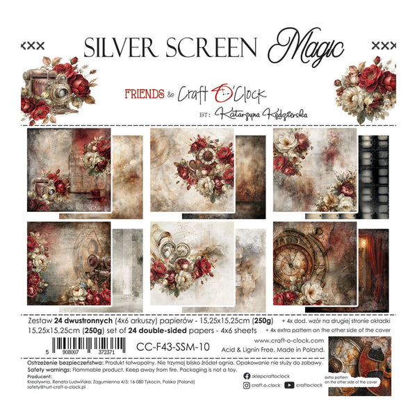 Product packaging and contents preview for 'Silver Screen Magic' paper craft sheets by Friends for Craft O'Clock. The packaging displays a collection of 24 double-sided patterned papers featuring vintage floral, heart, and rustic designs in muted red, brown, beige, and gold tones.
